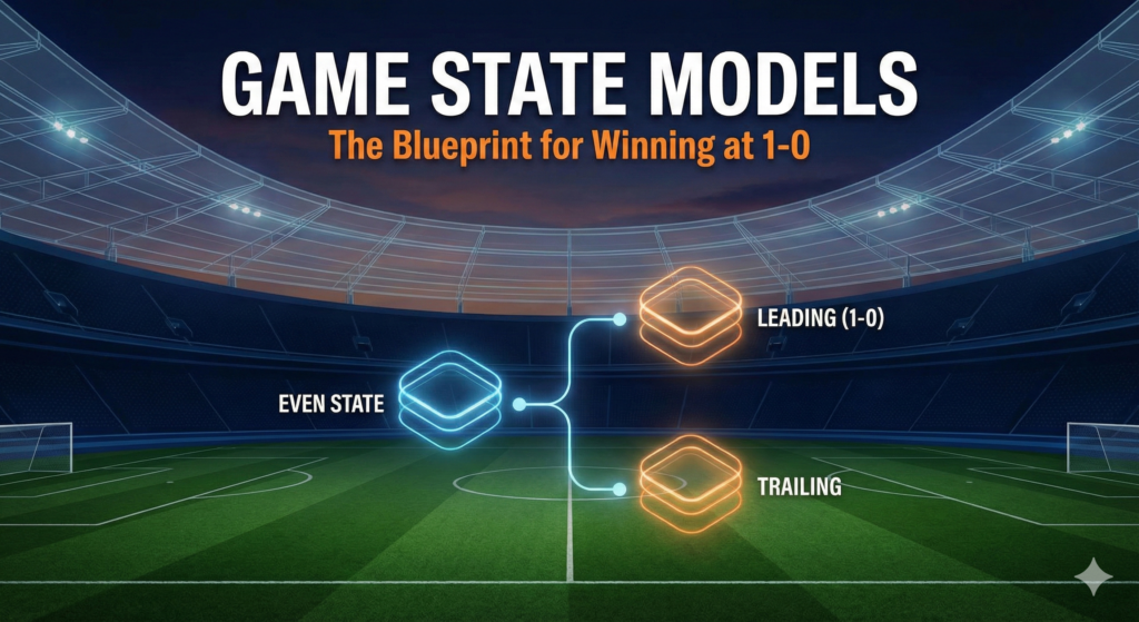 A split-screen image showing a football manager gesturing for attack on the left during the day and gesturing for calm on the right at night, illustrating a tactical game state models change.