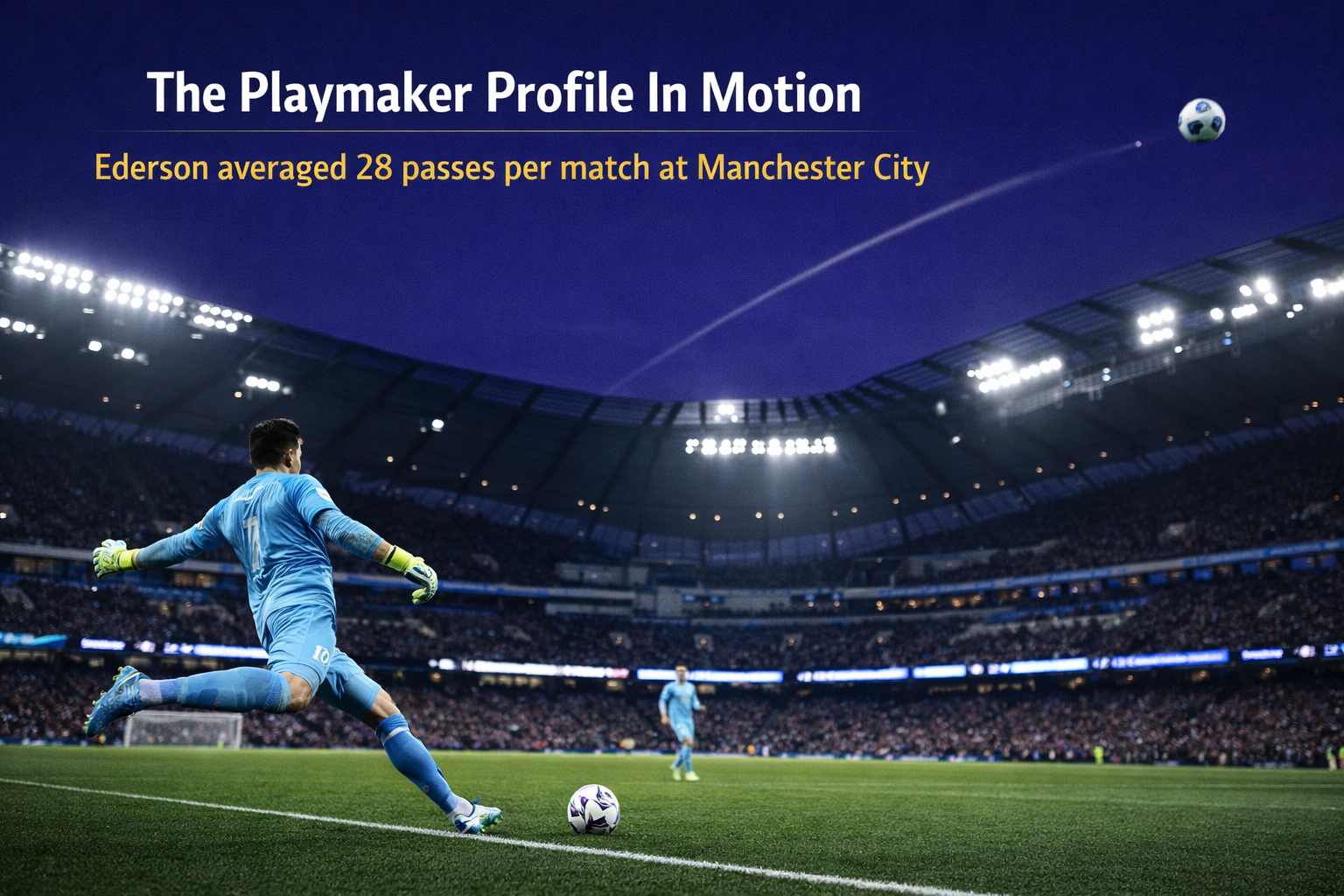 playmaker goalkeeper profile shown through long diagonal pass breaking the opposition press from inside own penalty area.