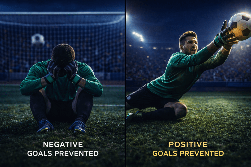 Split visual comparing a goalkeeper conceding a low PSxG chance versus saving a high PSxG shot, illustrating the Goals Prevented metric.