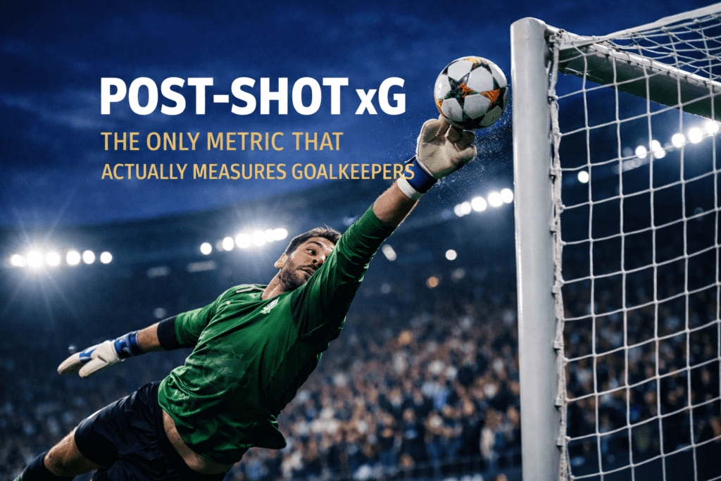 goalkeeper making a fingertip save in a Champions League match illustrating Post-Shot xG (PSxG) shot-stopping performance.