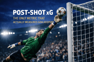 goalkeeper making a fingertip save in a Champions League match illustrating Post-Shot xG (PSxG) shot-stopping performance.