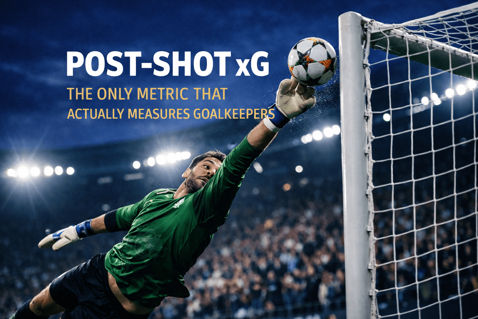 goalkeeper making a fingertip save in a Champions League match illustrating Post-Shot xG (PSxG) shot-stopping performance.