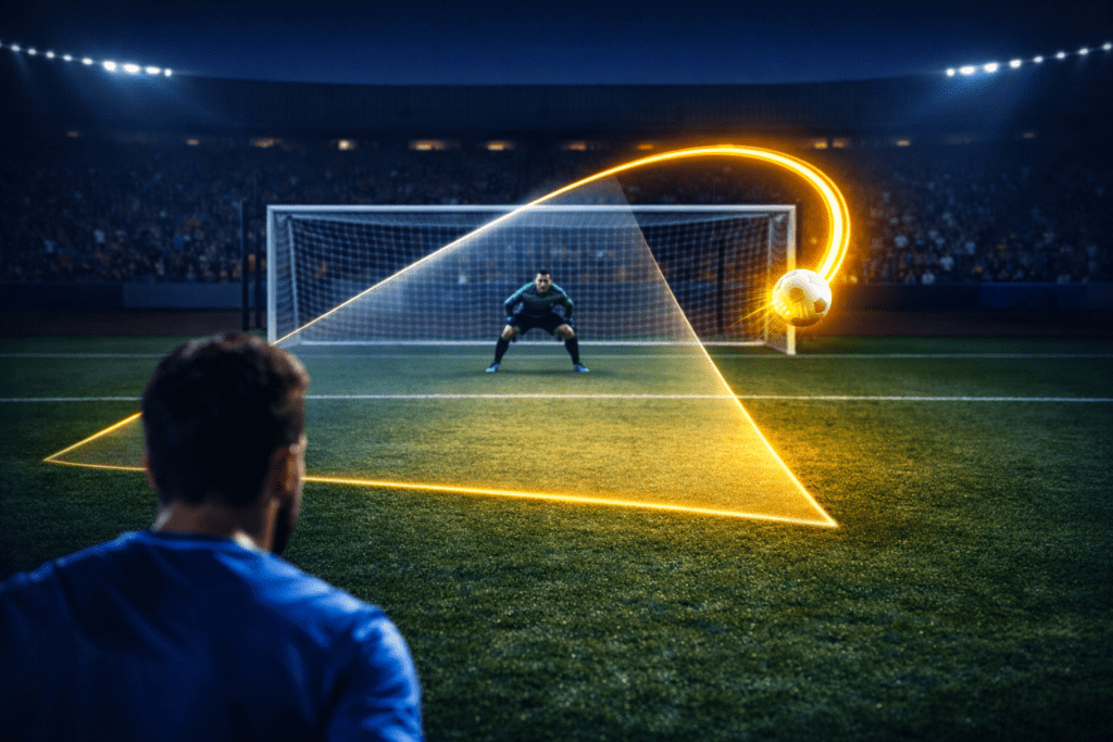 tactical analysis graphic showing a swerving shot trajectory which increases Post-Shot xG difficulty compared to standard xG models.
