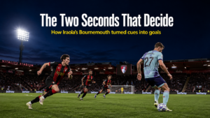 Pressing triggers in football illustrated by Bournemouth striker sprinting at a defender taking a heavy first touch