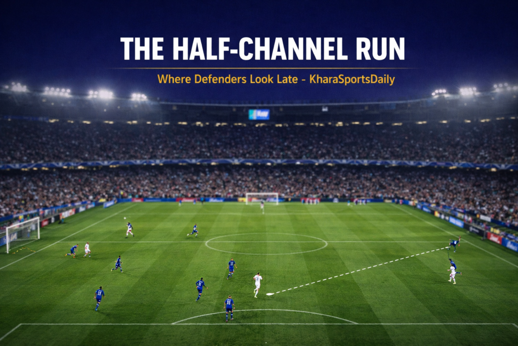 Diagram showing Raumdeuter movement pattern - forward drifting into half-channel space between centre-back and fullback as wide players hold the touchline