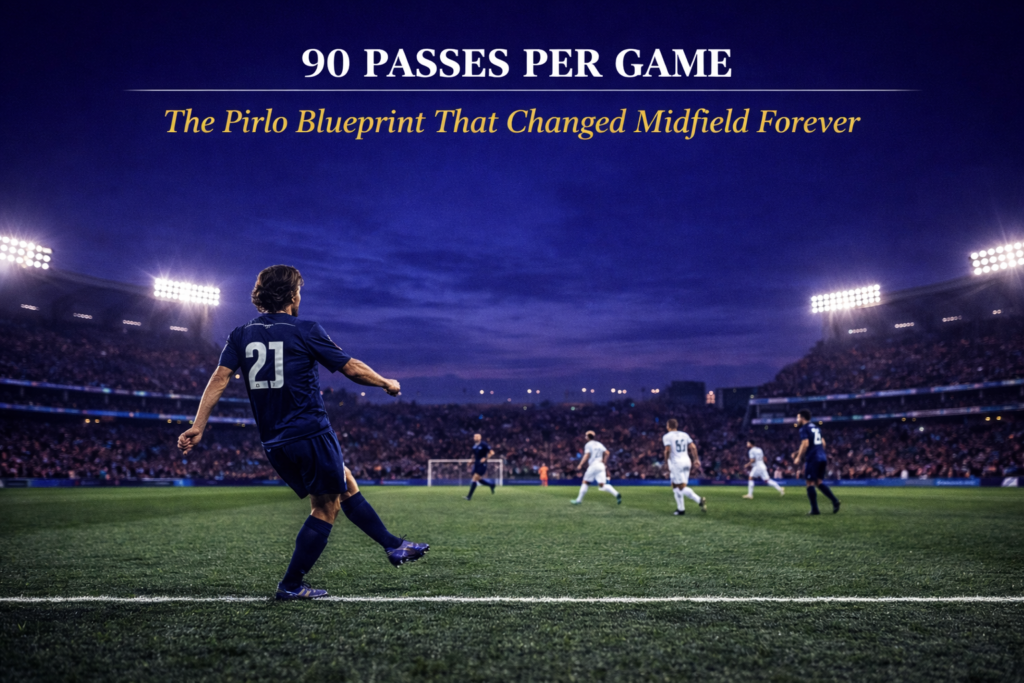 Pirlo regista role AC Milan — deep-lying playmaker dictating tempo in a Champions League match, stadium at twilight
