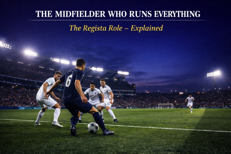 Regista football explained — deep-lying playmaker receiving under pressure at blue hour, Champions League aesthetic