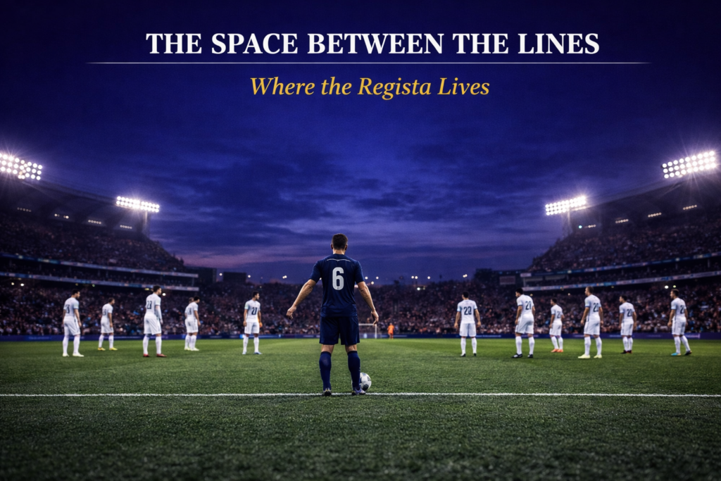 Regista positioning in football — deep-lying playmaker in the space between defensive and midfield lines, demanding the ball from the goalkeeper