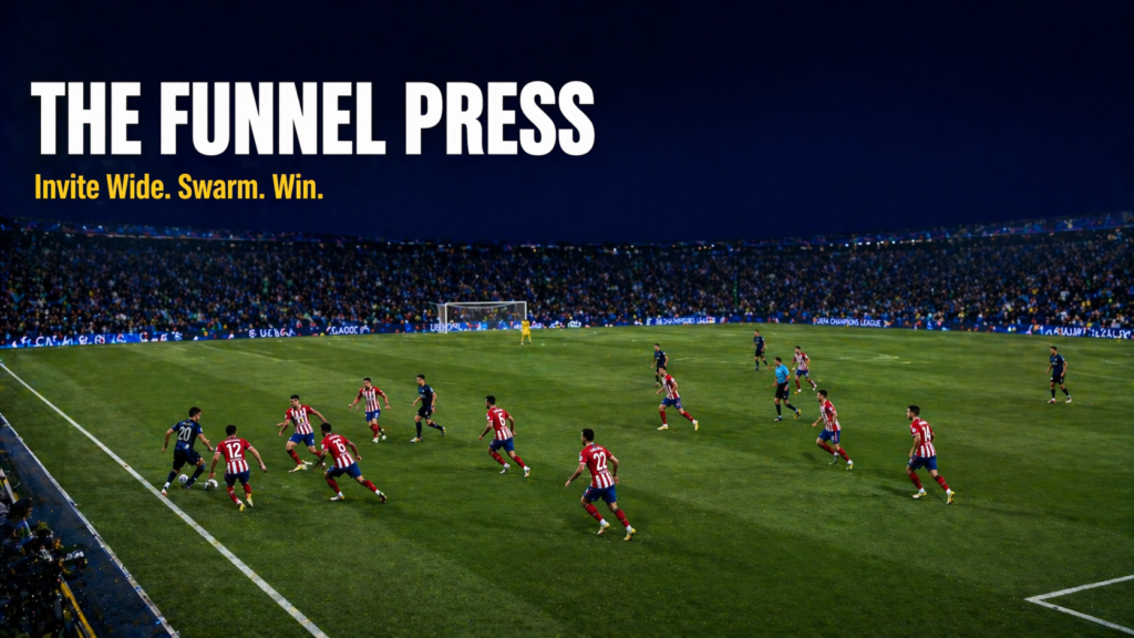 Simeone's 4-4-2 funnel press defensive structure Atletico Madrid wide channel ball-win