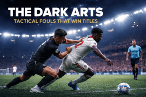 Football image showing a tactical foul stopping a counter-attack in midfield under stadium lights.