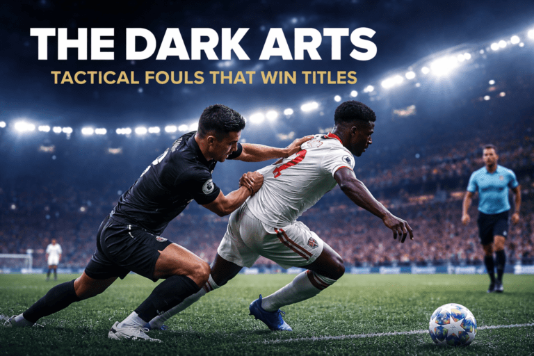 Football image showing a tactical foul stopping a counter-attack in midfield under stadium lights.