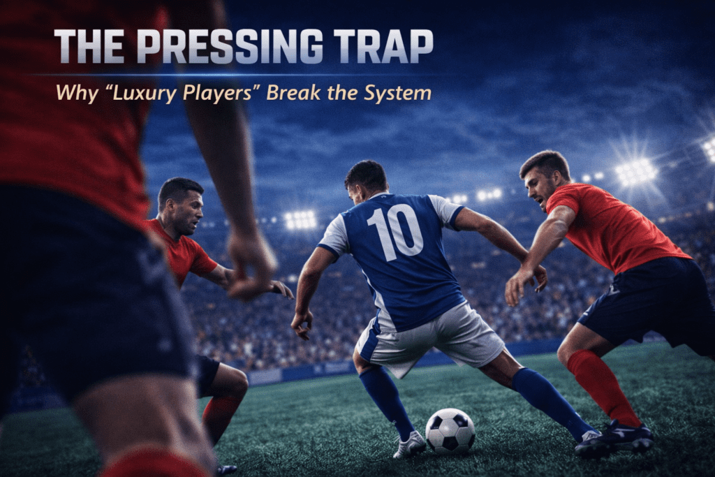 A creative midfielder being swarmed by three defenders immediately upon receiving the ball, demonstrating the defensive liability of a player who cannot withstand pressure.