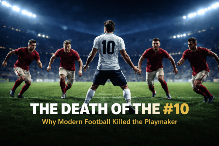 Traditional number 10 surrounded by pressing defenders under stadium lights in modern football.