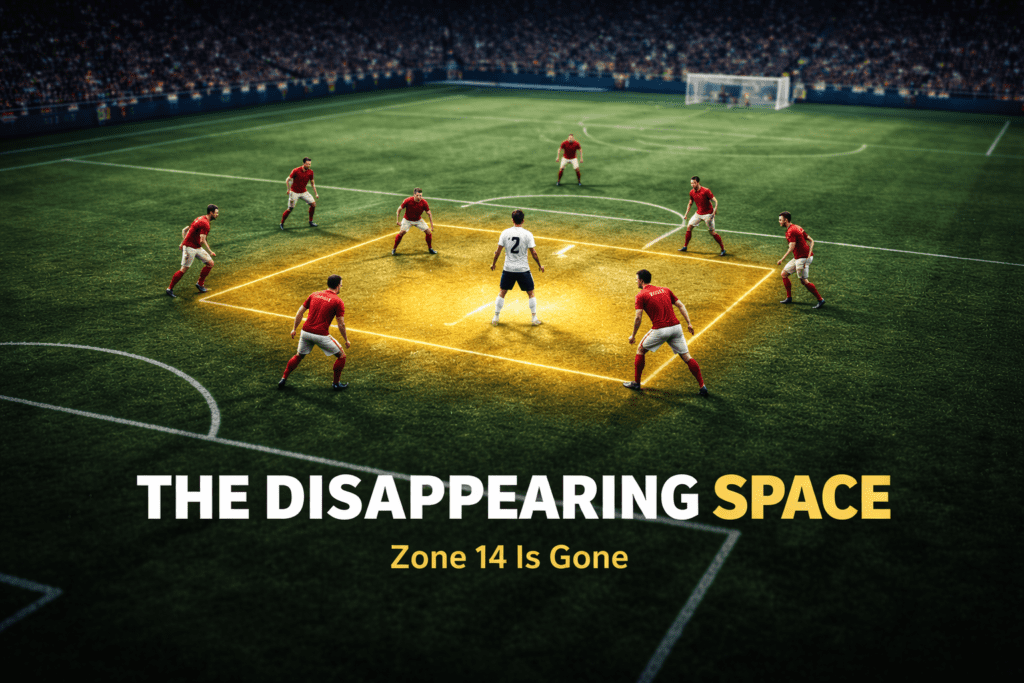 Zone 14 compressed by modern defensive block with isolated attacking midfielder.