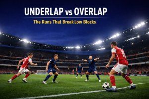 Underlap vs overlap diagram showing a fullback running inside the winger toward the half-space during a Premier League night match