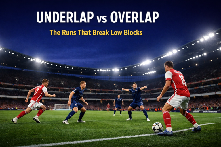 Underlap vs overlap diagram showing a fullback running inside the winger toward the half-space during a Premier League night match