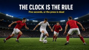 The 5-Second Recovery Rule visualised as three pressers swarming a midfielder mid-turnover in the centre circle.