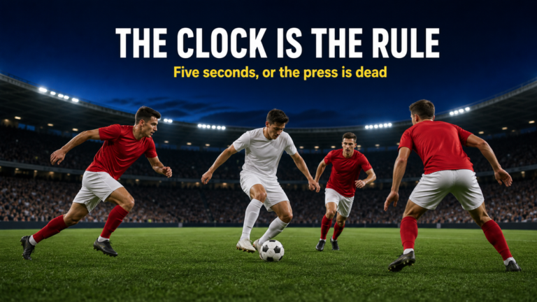 The 5-Second Recovery Rule visualised as three pressers swarming a midfielder mid-turnover in the centre circle.