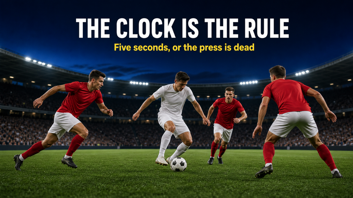 The 5-Second Recovery Rule visualised as three pressers swarming a midfielder mid-turnover in the centre circle.