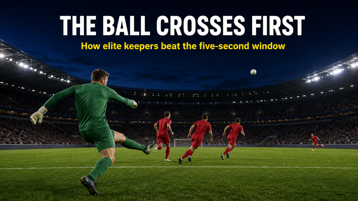 A goalkeeper's long diagonal pass crossing over three caught pressers, the vertical out-ball that defeats the 5-second recovery rule.