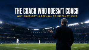 Ancelotti anti-system manager silhouette on touchline at twilight, hands open in deliberate non-instruction pose.