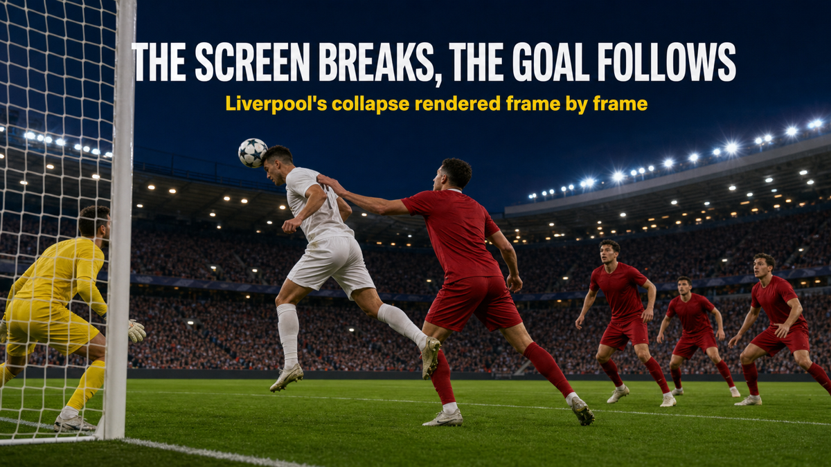 Defending corners failure moment with the near-post screen broken and a flick-header about to convert