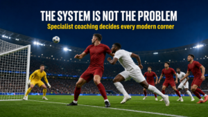 Defending corners moment with screening defender holding the near-post against an attacking runner