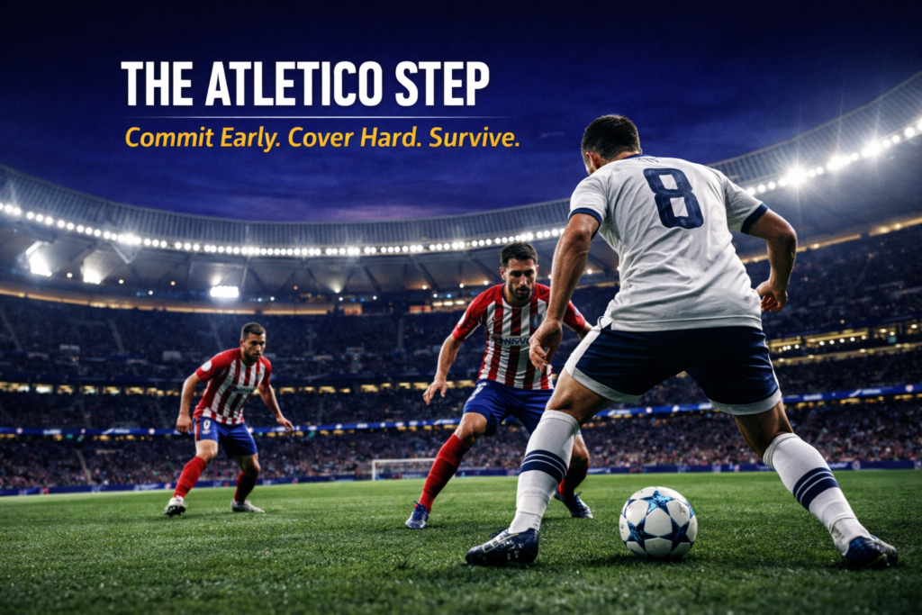 Atletico Madrid centre-back stepping out of the back line to defend the half-space against a dropping opposition midfielder at the Metropolitano.