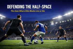 Centre-back stepping out of the back line to confront a midfielder receiving in the half-space under stadium floodlights, illustrating defending the half-space in elite football.