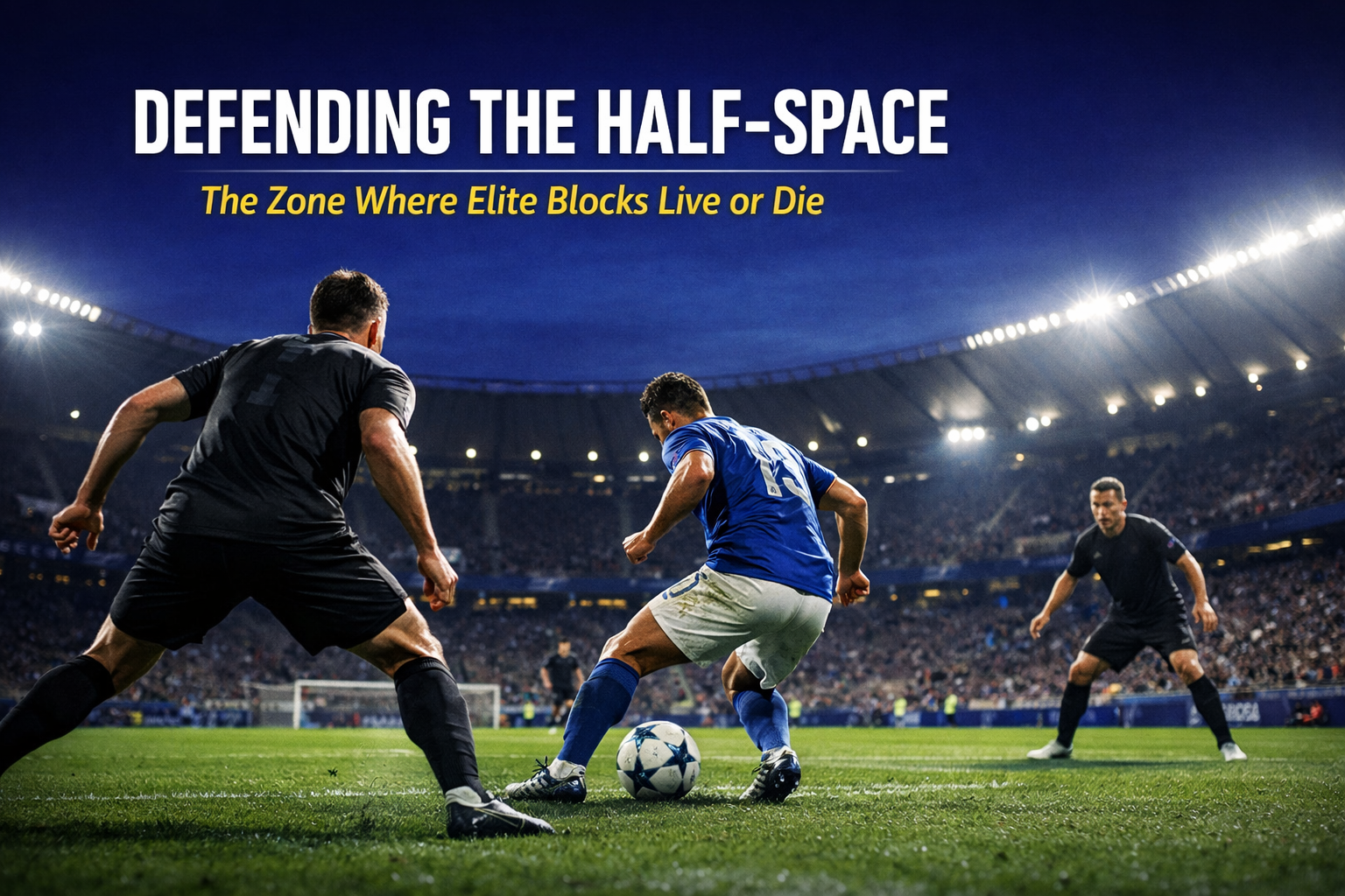 Centre-back stepping out of the back line to confront a midfielder receiving in the half-space under stadium floodlights, illustrating defending the half-space in elite football.