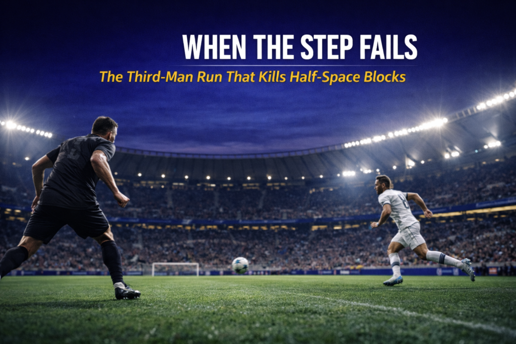Attacking forward sprinting into space behind a stepping centre-back as a third-man through ball exposes a broken half-space defence.