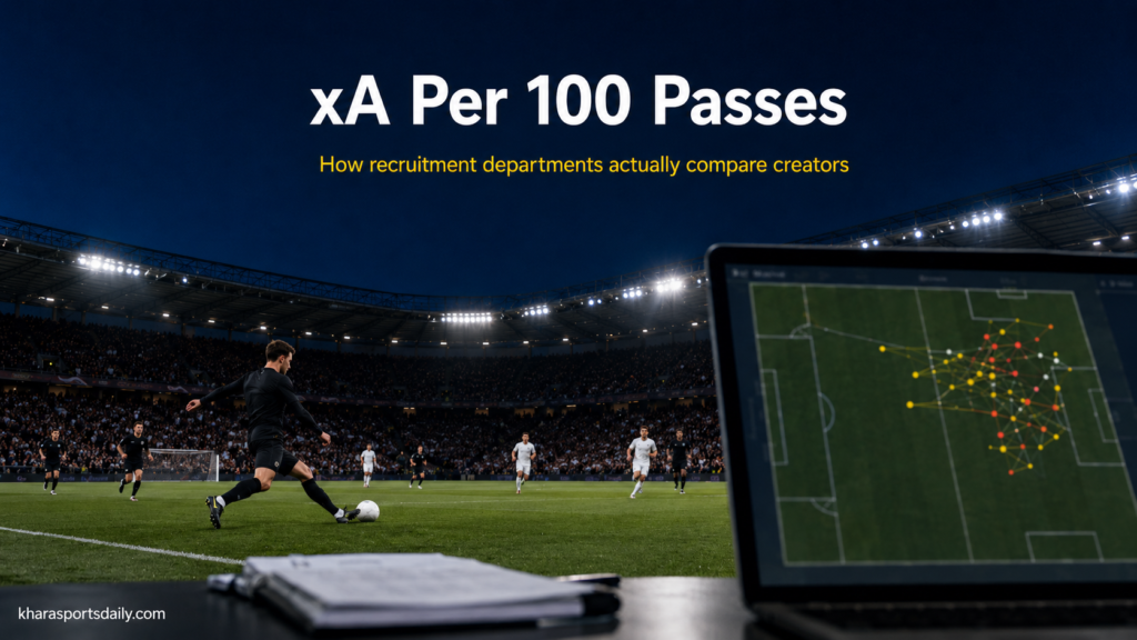 A football analyst's pass map alongside a live match scene - showing how expected assists xA per 100 passes is used in modern recruitment to compare creative players across team contexts