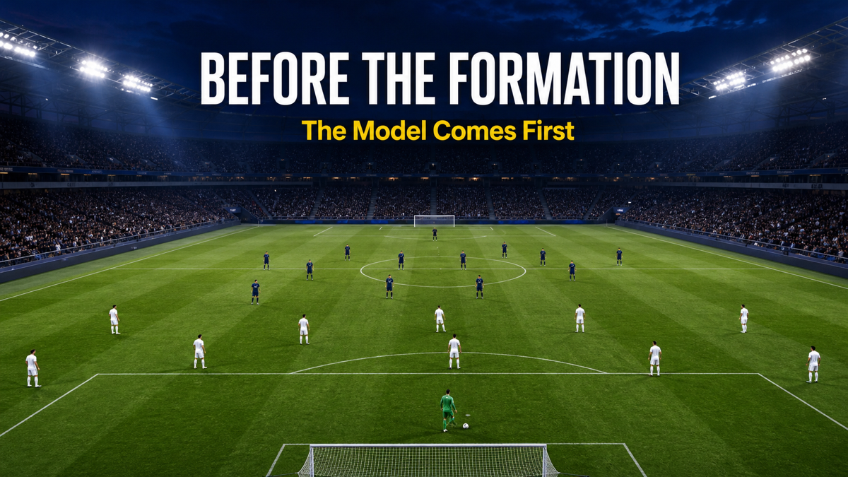 Game model in football pre-kickoff shape with one team in build-up structure and one in mid-block pressing trap.