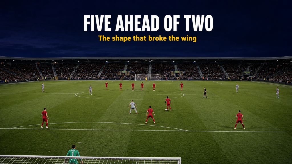 Liverpool 2.0 inverted fullback Alexander-Arnold sliding into the 3-2 build-up shape with five players ahead