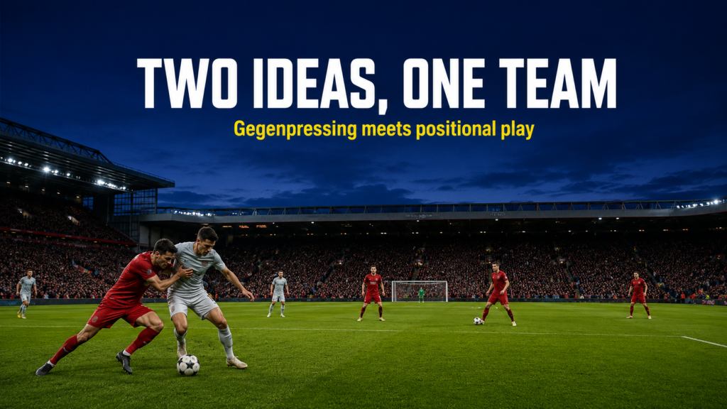 Liverpool 2.0 tactical identity blending Klopp's Gegenpressing with positional play under blue hour Anfield lights