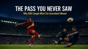 On-Ball Value OBV midfielder releasing diagonal progressive pass under pressure in Premier League stadium