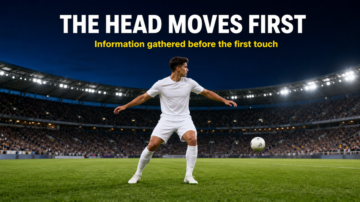 Scanning in football illustrated: midfielder checking his shoulder while ball is in flight toward his receiving stance