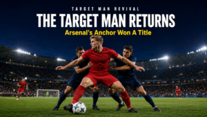 Target man revival - powerful centre-forward shielding the ball against two defenders under floodlights