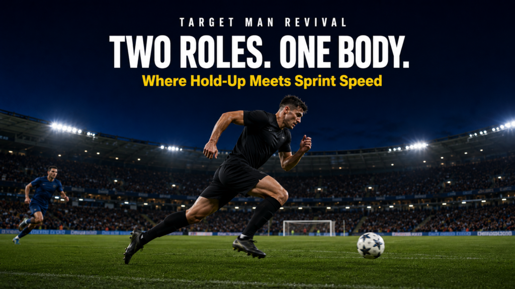Modern target man revival striker sprinting past defender into the channel under stadium lights