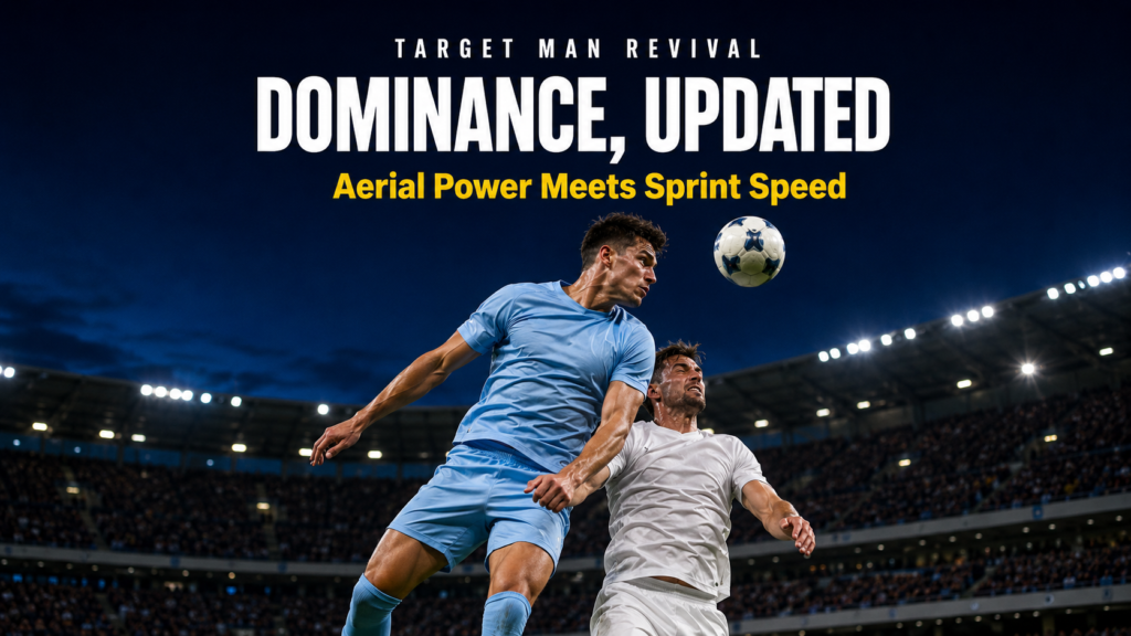 Modern target man revival winning an aerial duel against a centre-back under stadium floodlights