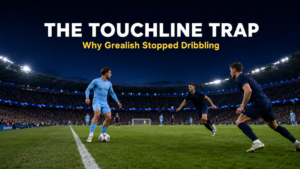 Wide Playmaker holding possession on the touchline as two defenders converge to commit to him