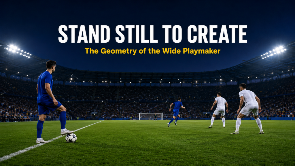 Wide Playmaker on the touchline scanning the half-space as a teammate runs vertically between defenders