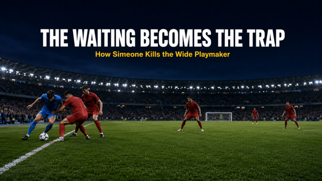 Wide Playmaker pinned against the touchline by two committed defenders with the central passing lane closed