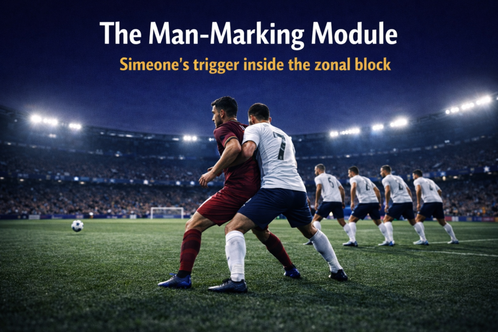  A midfielder tightly man-marking an opposing player while the defensive zonal block holds its shape behind them
