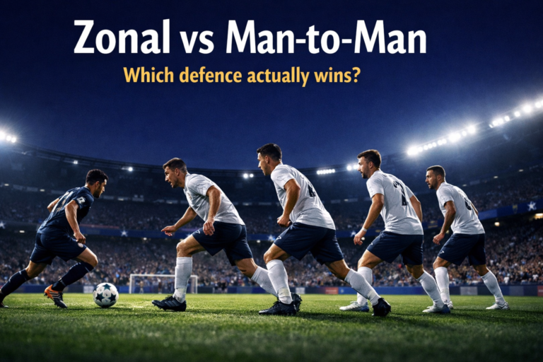 zonal marking vs man-to-man defending — defender stepping out of a zonal block to intercept an attacker during a Champions League night match