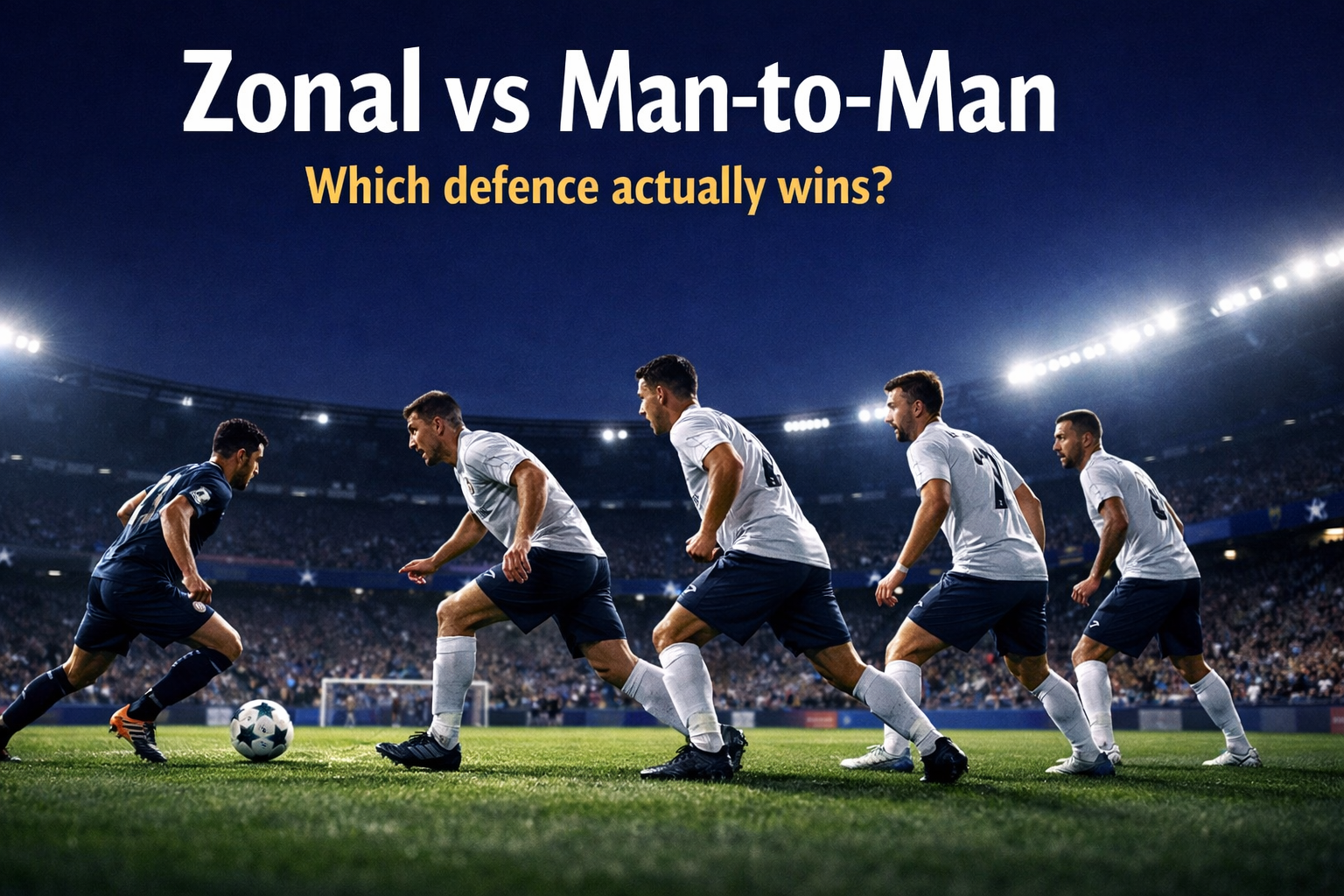 zonal marking vs man-to-man defending — defender stepping out of a zonal block to intercept an attacker during a Champions League night match