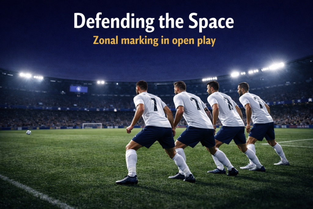 A defensive back four shifting laterally as a coordinated zonal unit during a Champions League match as zonal marking vs man-to-man defending