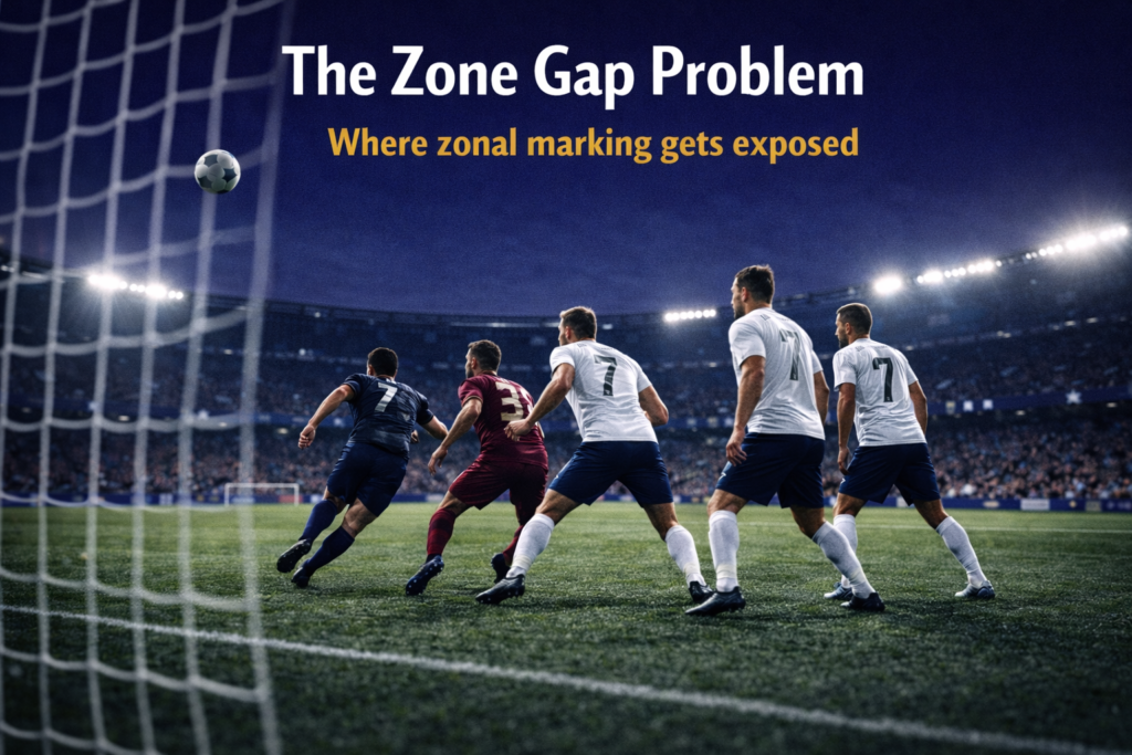 Attackers running onto a corner delivery while zonal defenders stand static in the penalty area