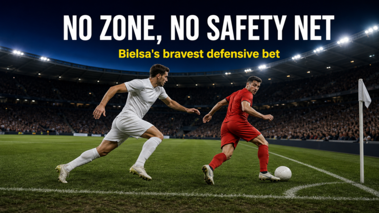 Bielsa man marking defender chasing an attacker to the touchline at a floodlit stadium