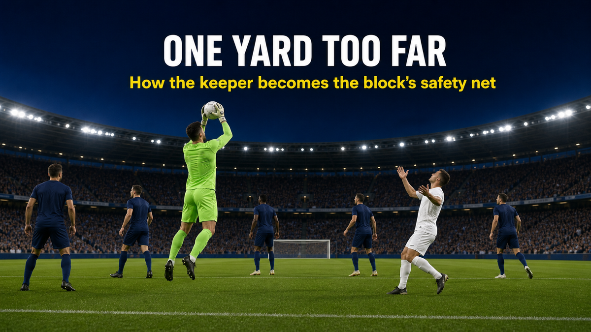 A sweeper-keeper steps off his line to claim a chipped pass played too deep